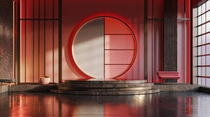 Minimalist red and gold podium with a large circle and a red chair in a modern, Asian-inspired interior.