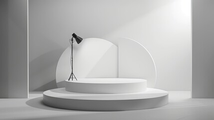 Minimalist white podium with a spotlight in a clean, modern setting. Perfect for product displays or showcasing.