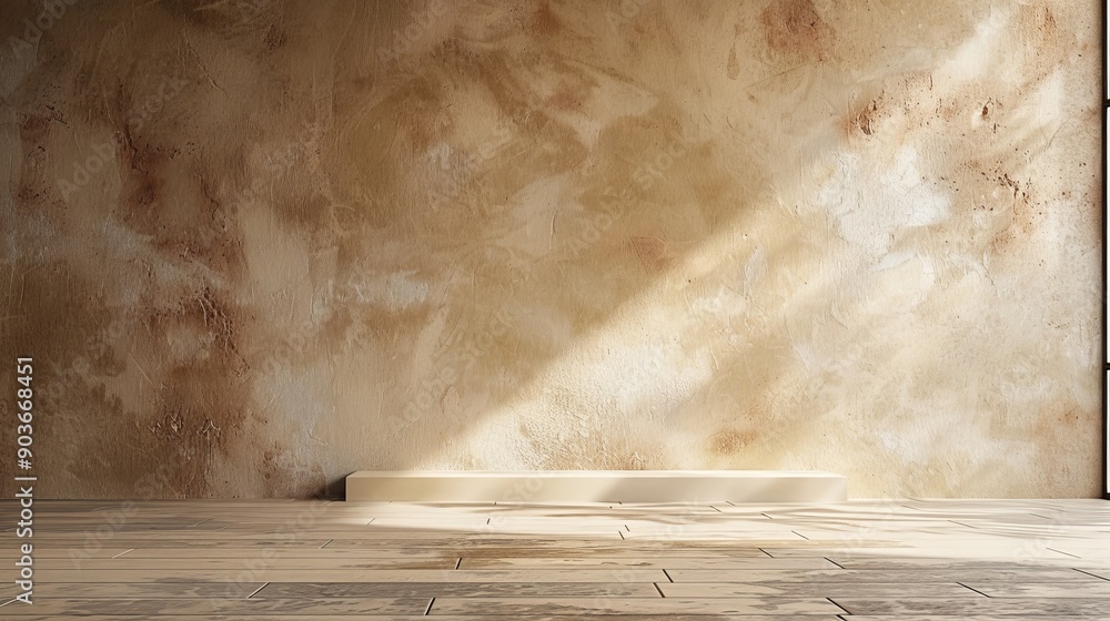 Poster sunlight streams through a window onto a textured wall with a white platform in the foreground. the 