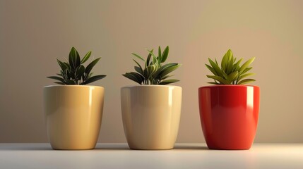Obraz premium Three potted plants in different colored pots, beige, white and red, against a neutral background.