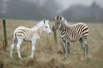 Obraz premium An albino or white zebra cub next to a normal zebra cub