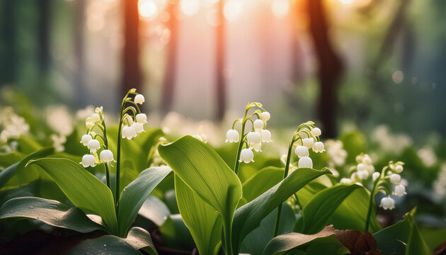 Konwalie kwitnące w lesie, dekoracja tapeta generative ai 