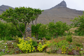 Skulptur der Gr&uuml;nder im botanischen Garten Skr&uacute;&eth;ur, Westfjorde, Island