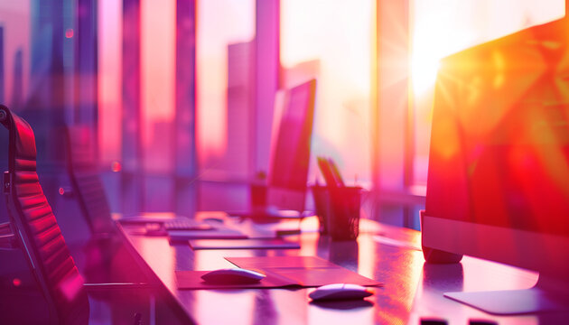 Modern open-plan office bathed in warm sunset light, with desks and computer screens highlighting a productive work environment.