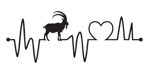 Heartbeat line with Ibex silhouette, Ibex and Heartbeat frequency with Heart Love Vector illustration