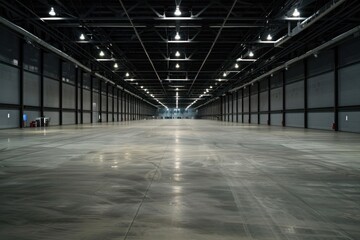 wide angle interior view of a large empty exhibition pavillion, huge empty space with nobody inside