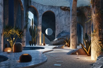 3d desert tropical landscape, in the style of architectural chic, calm and meditative