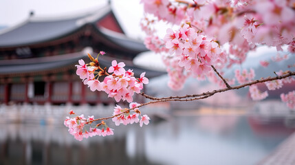 Beautiful cherry blossoms in full bloom near a traditional Korean palace, showcasing the stunning contrast of nature and architecture.