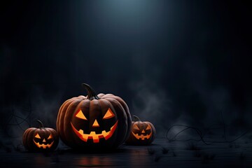 Happy halloween cute but spooky dark background, 4k, photorealistic, copy-space with generative ai