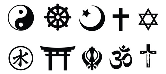 set of symbols of religions, Islam, Christian, Buddhist, Hindu, etc.