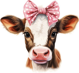 Little Cow With Bow Watercolor Vector Illustration.