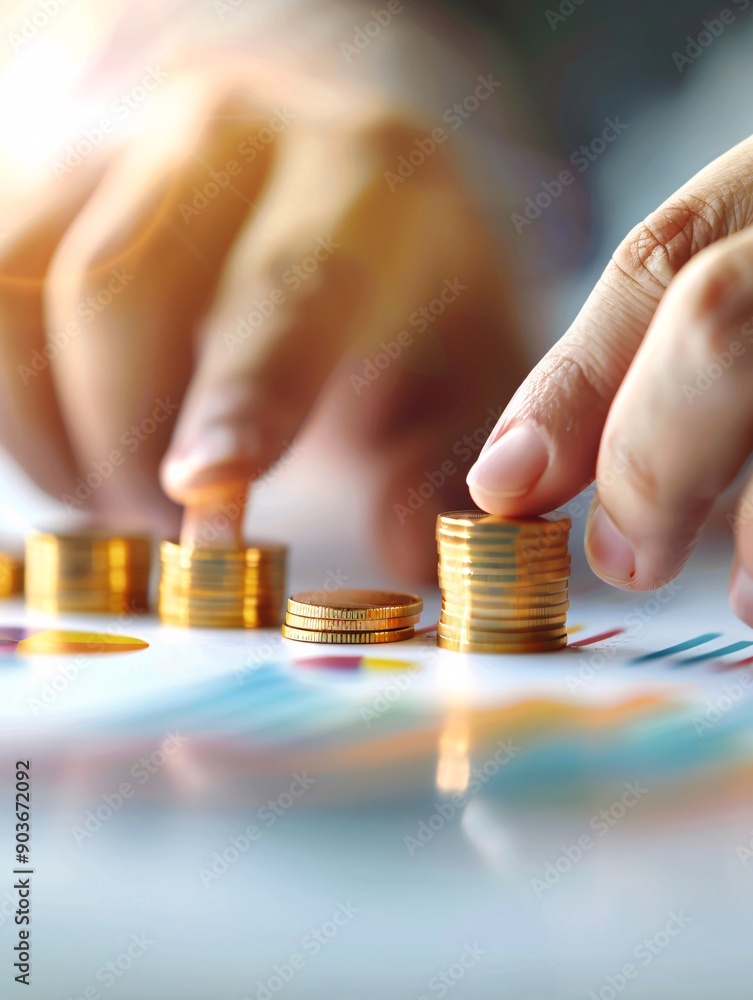 Poster a close-up of hands pointing to different sectors on an investment diversification chart, with a min