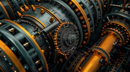Fototapeta premium Intricate machinery close-up featuring detailed gears and components with metallic and orange accents, showcasing industrial engineering.