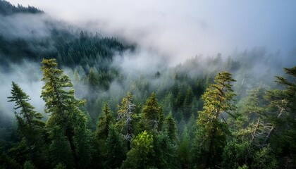 Foggy Enchantment: Towering Trees and Rocky Formations