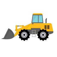 Yellow building wheel frontal loader vector art, front loader excavator icon flat illustration, bulldozer heavy construction vehicle clip art