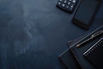 Black and White Office Supplies on a Dark Blue Background