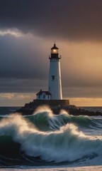 Obraz premium A tall lighthouse standing on a cliff, the waves of the ocean crashing against the rocks
