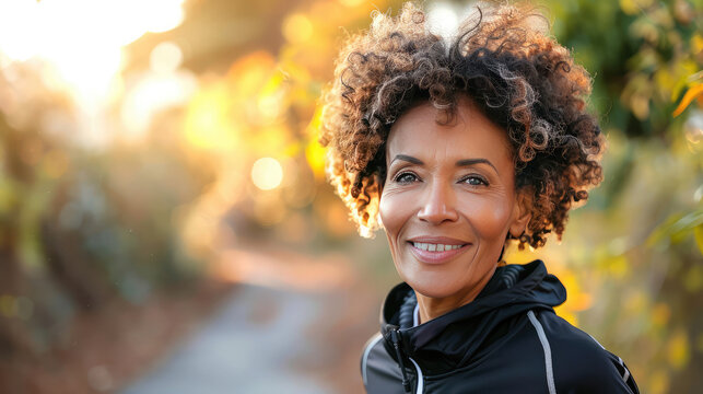 Older woman smiling outdoors with autumn leaves in the background. Nature and lifestyle concept for design and print. Portrait 