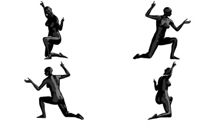 Black Female Mannequin in Kneeling Pose with Expressive Hands, Isolated on Transparent Background. Multiple Views (Front, Side, Back)