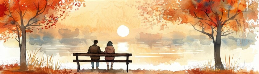 Obraz premium A romantic scene of a couple sitting on a bench under autumn trees during sunset, creating a serene and loving atmosphere.
