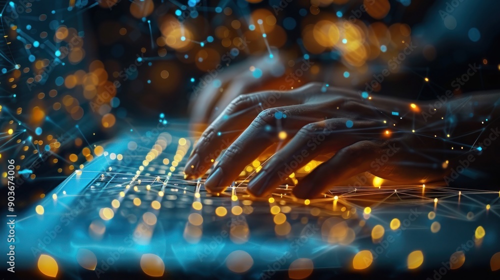 Poster hands typing on a laptop keyboard with abstract lights