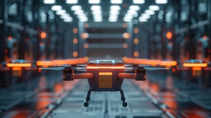 Obraz premium Futuristic drone docking station with drones charging and loading packages