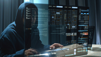 Futuristic cyber hacker operating under the guise of Anonymous, employs advanced algorithms to...