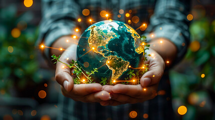 Fototapeta premium Sustainable Energy Concept - Hand Holding Globe Surrounded by Energy-Efficient Light Bulbs
