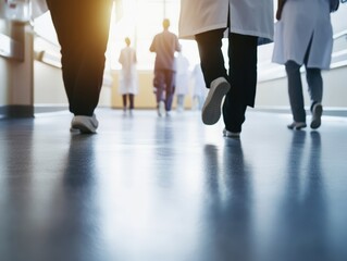 Fototapeta premium Medical people walking in an hospital corridor, blurry background, sunlight defocus