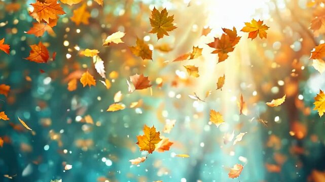 Autumn leaves falling with sunlight filtering through trees. Autumn season and nature concept.