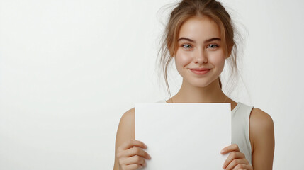 Naklejka premium Smiling young woman with long hair holding blank paper against white background