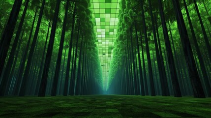 Fototapeta premium Surreal forest with CGI grid trees, Vibrant greens, Digital art
