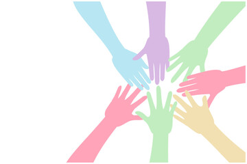 Fototapeta premium 円陣を組み手を重ねて協力する人々のイラスト