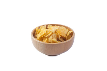 Pile of potato chips in wooden bowl isolated on white background.