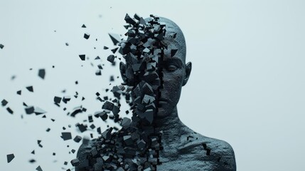 Surreal human figure dissolving into a CGI grid, Metallic tones, Digital art