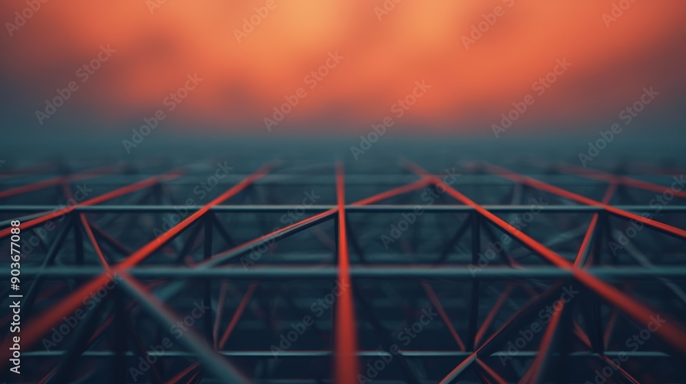 Poster surreal sci-fi landscape with cgi grid structures, metallic tones, 3d render