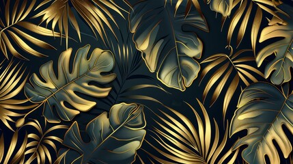 Tropical leaves of dark blue and green color, shiny golden light texture. Luxurious gold wallpaper. Black and gold background.