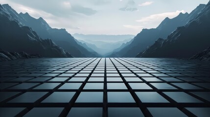 Surreal sci-fi landscape with CGI grid structures, Metallic tones, 3D render