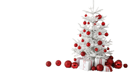 White Christmas tree with red decoration on transparent background