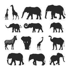 Fototapeta premium Silhouettes of elephants, giraffes, and zebras on a white background.
