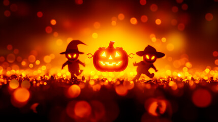 Whimsical Halloween scene featuring playful silhouette characters joyfully gathering around a glowing pumpkin.