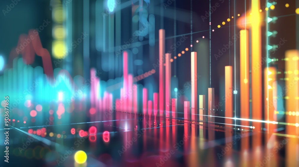 Poster a colorful graph with a lot of different colored lines and bars