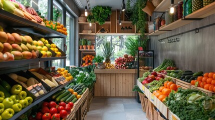 Obraz premium Interior of an organic produce store with neatly arranged fruits and vegetables