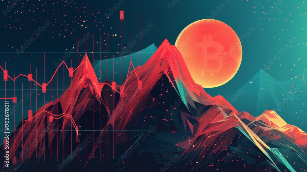 Aufkleber a mountain range with a red moon and a bitcoin symbol in the sky