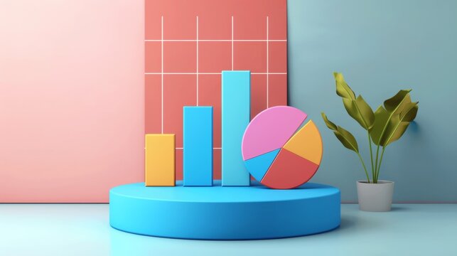 A blue pedestal with a plant and colorful graphs on it