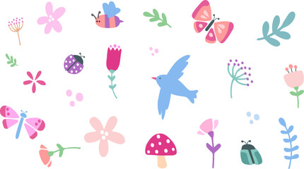 花、葉、昆虫、鳥、を集めたベクターイラスト