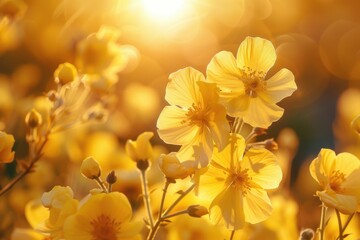 Obraz premium Yellow flowers illuminated by sunlight creating a warm glow
