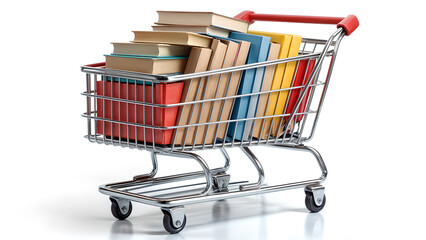 Shopping cart filled with books against a white background. Colorful book covers. Ideal for back-to-school or bookstore promotions.