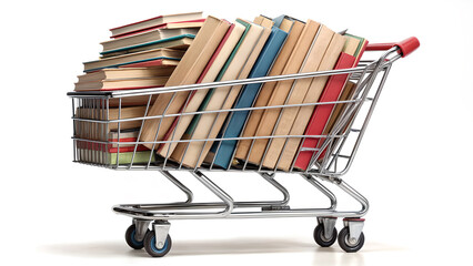 Full shopping cart with a variety of books against a clean white background. Suitable for bookstore or education-themed designs.