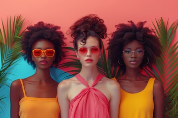 Multiracial three women wearing colorful sunglasses against vibrantly colored